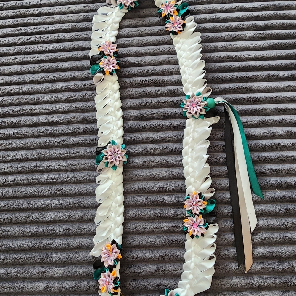 Handmade White Satin Ribbon Lei with Pink & Teal Flower Accents
